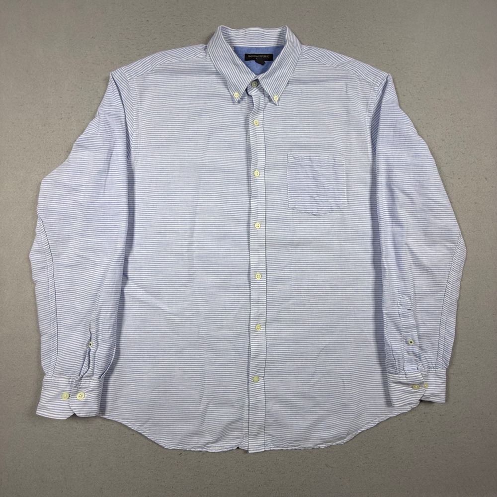 Banana Republic Slim Fit Linen Cotton Stripe Button Down Shirt Men XL Blue White